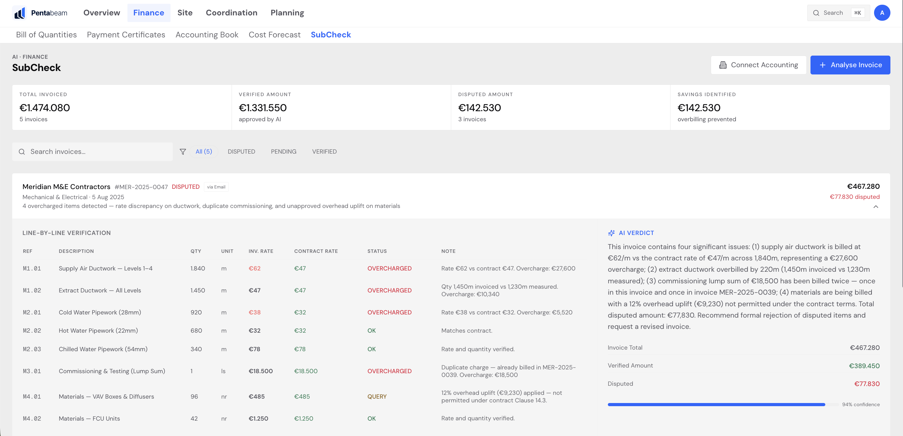 Pentabeam SubCheck — invoice verification